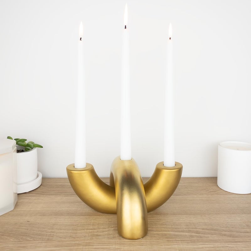 AERLO Ceramic Candle Holder Set - Decorative Candle Stick Candle Holders - Modern Decor for Dining Table, Living Room Coffee Table, or Shelf - Minimalist Candelabra for 3 Taper Candles (Gold) - Image 5